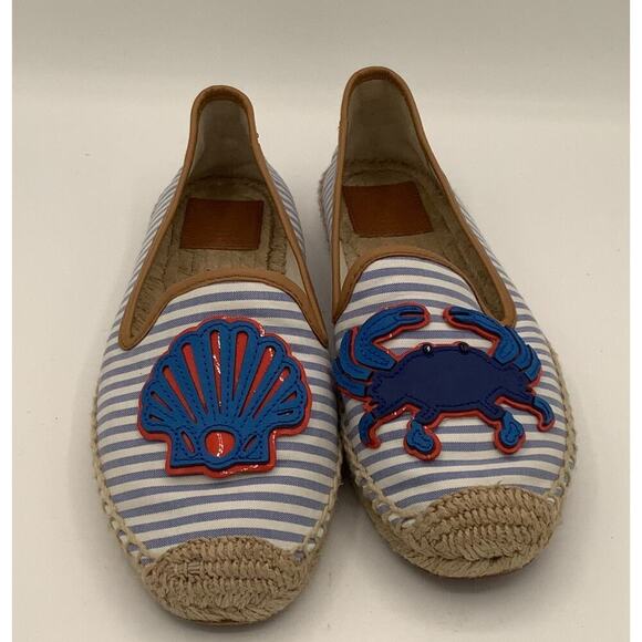 Tory Burch Shoes - EUC Tory Burch Flats‎ Size 7 Crab Shell Woven Bottom Blue White Stripes Preppy